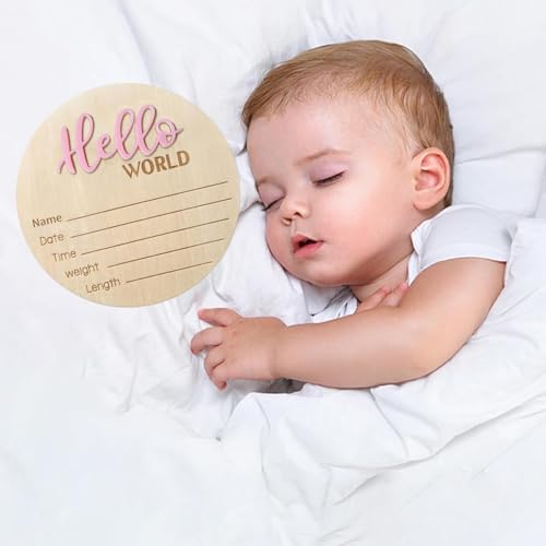 Image of Baby Announcement Sign - 5.9 Inch Wooden Hello World Newborn Sign, Birth Announcement, Baby Shower Hospital Nursery for Newborn Boys and Girls (Pink)