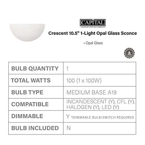 Image of Capital Lighting 1680MW Crescent Opal Glass Wall Sconce, 1-Light 100 Watt, 5 inch H x 11 inch W, Matte White