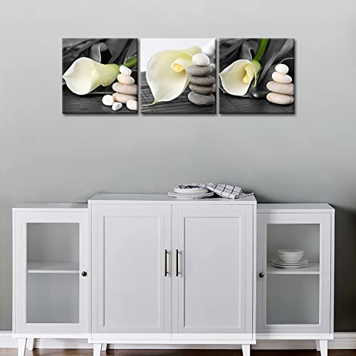 Canvas Print Wall Art Painting For Home Decor Still Life Of White Calla Lily With Gray Spa Pebbles Zen Stones On Black Background Callalily 3 Pieces Panel Paintings Modern Giclee Stretched And Framed Artwork The Picture For Living Room Decoration Flower Pictures Photo Prints On Canvas #TOP1
