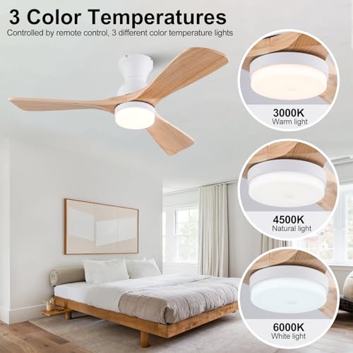 XBIBI 42 Inch Low Profile Ceiling Fan with Light and Remote, 3 Color Dimmable Flush Mount Ceiling Fan, 6 Speeds DC Motor, Wood Hugger Ceiling Fans with Lights, Indoor Outdoor Ceiling Fans - Image 3