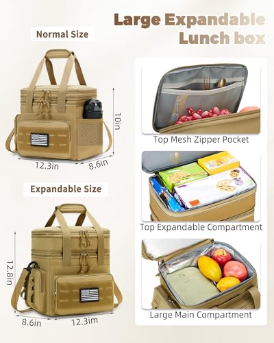 Image of holuxer Tactical Lunch Bag & Lunch Box for Men - Large Double Deck Expandable Insulated Soft Adult Lunchbox for Work - Cooler Bag for Beach, Picnic, Camping,Outdoor,Travel (Brown,16L)