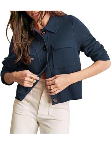 Womens Wool Pea Coat Button Up Open Front Trench Outerwear Long Sleeve Cropped Cardigan Jacket with Pockets