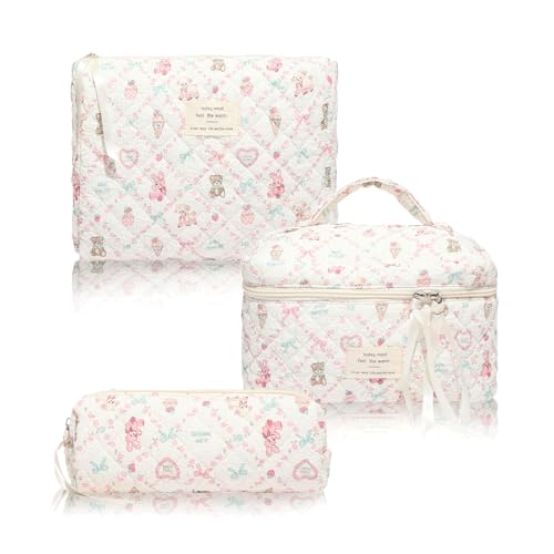 3 Piezas Borsa Cosmetica Trapuntata, Beauty Case Da Viaggio Con Motivo Floreale Grande Capacità Make Up Bag Morbido E Bello Con Cerniera Pochette Da Viaggio Per Signora Ragazza