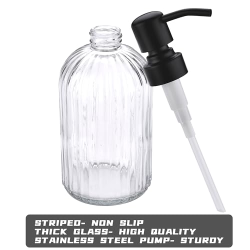 Image of 16Oz Bathroom Glass Soap Dispenser with Black Rust Proof Pump,Premium Kitchen Soap Dispenser with Vertical Stripe, Lotion Dish Dispenser for Modern Home Decor, Countertop, Hotel