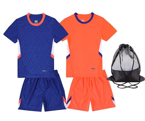 Hiheart Boys 2 Pack Soccer Jersey Set Team Sports T-shirt and Shorts with Mesh Ball Bag Blue Orange 5-6