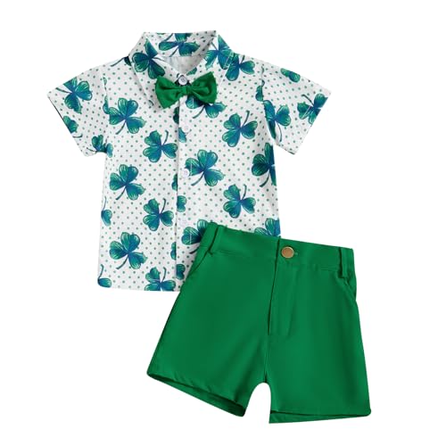 Owl's-Yard Baby Boy St. Patrick's Day Outfit Shamrock Print Short Sleeve Button Down Shirt with Shorts 2 Pcs Summer Clothes (C-Army Green, 18-24 Months)