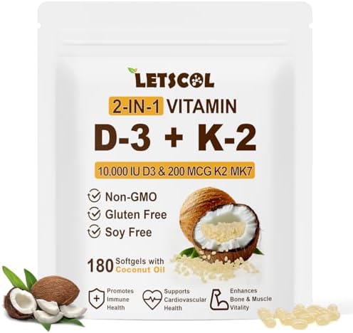 LETSCOL 2-in-1 Vitamin D3 K2 Supplement Softgel, Vitamin D3 10000 IU and Vitamin K2 200 mcg, K2 MK7 with D3 Vitamin Supplement Support Immune, Heart, Joint, Teeth &amp; Bone Health