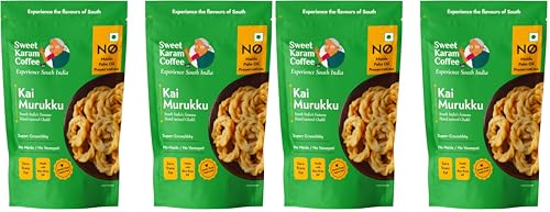 Image of Sweet Karam Coffee Kai Murukku - Pack of 4 (150g each) | No Palm Oil & Preservatives | Authentic South Indian Hand-Twisted Chakli | Crunchy & Delicious Namkeen | Tea Time Snack | Festive Special