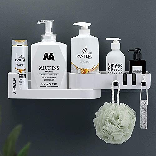 Sunficon Adhesive Shower Caddy With Hooks Expandable Bathroom Storage Shelf Wall Mounted Kitchen Spice Rack Organizer No Drilling Shower Shampoo Holder 4 Clear Adhesive Stickers Affordable Gift White #TOP29