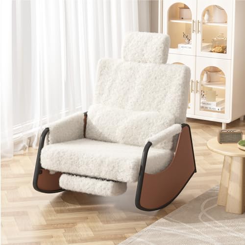 YODOLLA Fauteuil à Bascule, avec Repos Pieds Extensible & Dossier Réglable, Chaise à Balançolement avec Appui Tête Ajustable, Poche Latérale, Fauteuil d'Accent pour Salon (Blanc)