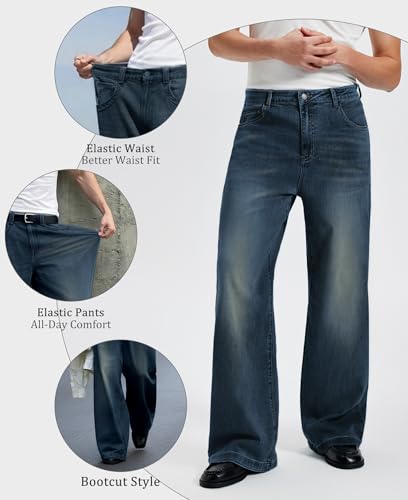 Image of Mens Bootcut Baggy Jeans Stretch Flared Wide Leg Old Money Jeans Lightweight Breathable Vintage Stylish Casual Denim Pants