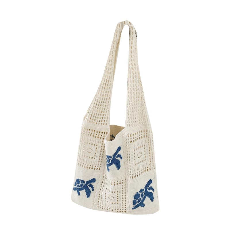 Bolsa de praia de crochê, bolsas de malha para mulheres, bolsas de tecido para mulheres, bolsa transversal Boho pequena, Azul-escuro, One Size