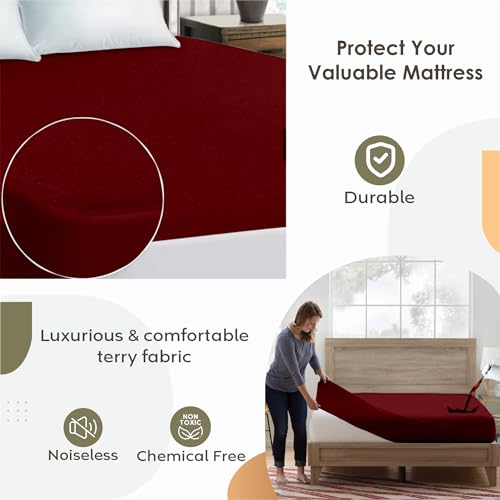 Image of Ayka 100% Waterproof Cotton Terry Mattress Protector Single Size Breathable Hypoallergenic Noiseless Ultra Soft Fitted Bed Protector 78x36 inch Mattress /Bed Cover (Single 78 * 36 inch | 6.5x3 ft, Maroon)