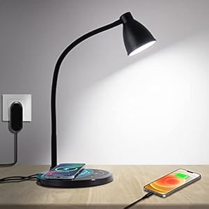 Lampe de Bureau avec Chargeur Sans Fil Rapide 15W, Hacevida Lampe de Table Protection des Yeux, Port de Chargement USB, 5 Modes d’éclairage, 7 Niveaux de Luminosité, Contrôle Tactile