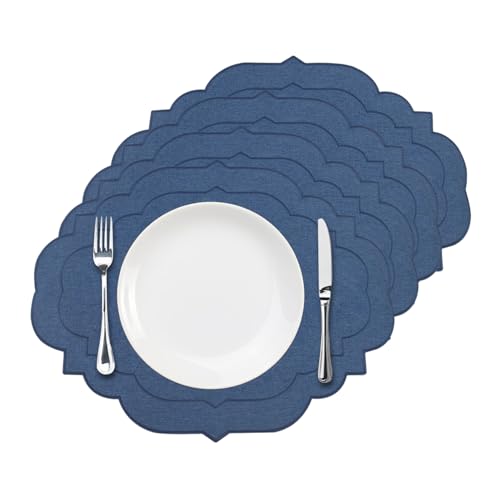 Cotton Linen Oval Placemats Set of 4, HADEEONG Table Mats Cloth Placemats, Washable Wrinkle Resistance, Scalloped & Embroidered Fabric Placemats, 17.71 x 13.77 inch (Navy Blue, 4)
