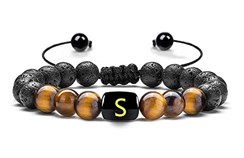 PANSHI Initial Beaded Bracelets for Mens Bracelet Personalized Gifts First Name Jewelry Meaningful Birthday Gift for Him Kids Boyfriend Handmade Lava Rock Healing Stone Letter Bead Braclet Adjustable (S-Tiger Eye)