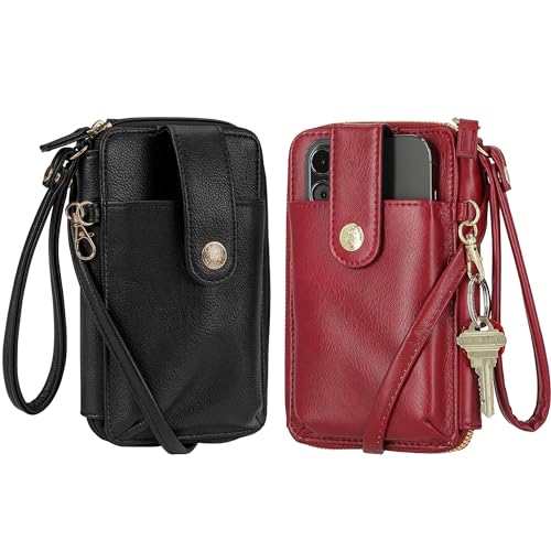 Mundi Jacqui RFID Blocking Crossbody Wallet Bag for Women, Compact Travel-Size Cell Phone Holder Purse - Vegan Leather, Black & Red