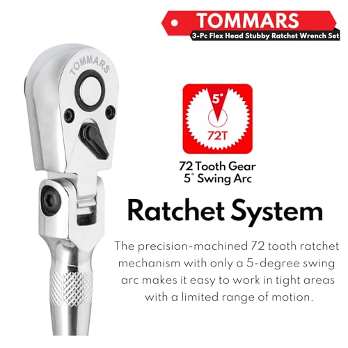 Image of TOMMARS Flex Head Stubby Ratchet Set, 1 /4 inch, 3 /8 inch, 1 /2 inch Socket Wrench Kit | Mechanic Hand Tool, Flexible, 72 Tooth 5-degree swing arc, Quick Release, Reversible