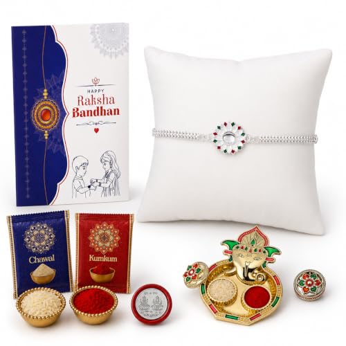 Image of Oblivion Rakhi Set for Brother - Fancy Floral Rakhi for Brother with Ganesh Ji Pooja Thali, Pooja Coin, Roli Chawal & Card | Combo for Raksha Bandhan