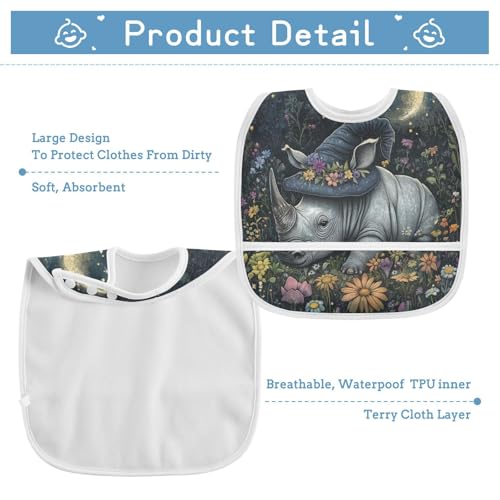 MCHIVER Rhino Wizard Hat Black Baby Bibs for tag1 Waterproof Feeding Bib Apron with Food Cather Adjustable Cotton Food Eating Bib 2 Pack3
