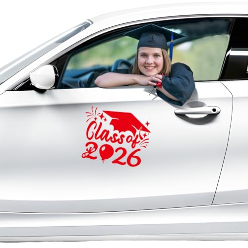 Image of 2xClass of 2026 Car Sticker & Graduation Hat Sticker Removable Graduate Caps Decal 8 inchx 7.1 inch Waterproof Vinyl Decals Arts & Crafts for Graduation Party Decorations(Red)