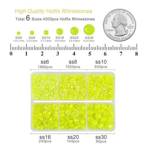 Image of BEADSLAND Hotfix Rhinestones, 4000 PCS Rhinestones for Clothes Crafts Mixed 6 Sizes with Wax Pencil and Tweezers Kit, SS6-SS30, Neon Yellow