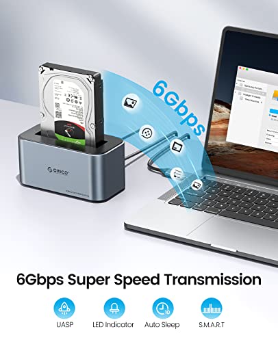 ORICO Aluminium Festplatten Dockingstation, 6Gbps USB 3.2 Gen 2 SSD/HDD Docking Station für SATA 2,5/ 3,5 Zoll bis zu 18 TB, mit 12V 2A Netzteil, Unterstützt USB A und USB C, Werkzeugfrei(6616C3) – Bild 4