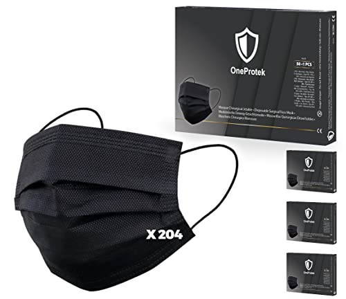 OneProtek Juego de 4x 51 Mascarilla quirúrgica desechable negra 3 capas Tipo IIR uso médico - Especificaciones europeas CE EN14683 - Cómoda, transpirable y elásticas resistentes Cover