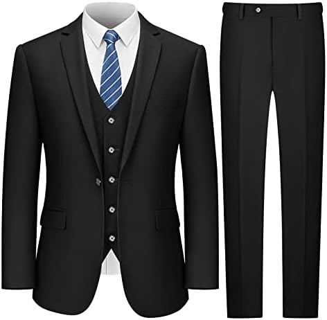 LUPURTY Suits for Men, 3 Piece Men's Suit Slim Fit, Solid Jacket Vest Pants with Tie, One Button Tuxedo Set, Black M