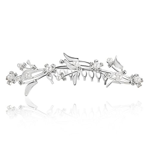 Rhinestone Crystal Pearl Flower Tiara Bridal Wedding Hair Comb - Silver Plated Clear Crystals T055
