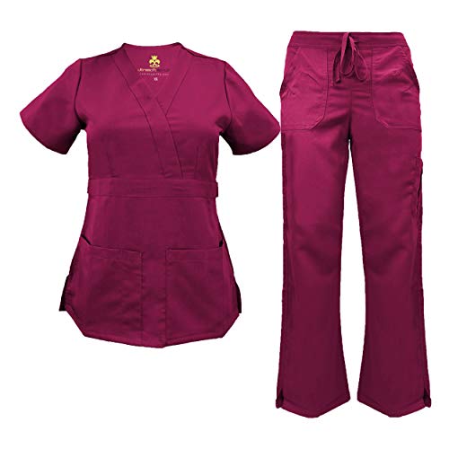 Soft Premium Mock Wrap Professional Work-Wear Women Top and Pant Set (Burgundy, X-Small)
