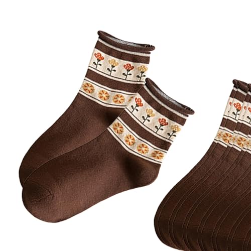 Qianly 10 Pairs Socks Woman Socks Non Slip Machine Wash Soft Elastic Fashion Low Cut Socks Casual for Teens Women Gift Mom Girls, Brown Floral2