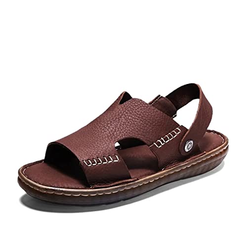 Men Shoes Vintage Real Leather Non-Slip Beach Slip-On Sandals Travel Slippers Black Brown(44)