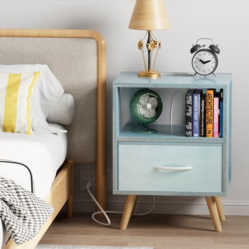 Night-Stand-with-Charging-Station-Blue-Kids-Nightstand-with-Drawer-2-Tier-Nursery-Bedside-Table-with-USB-Ports-and-Outlets-End-Table-for-Small-Space-Living-Room-Bedroom Night Stand with Charging Station Blue Kids Nightstand with Drawer 2 Tier Nursery Bedside Table with USB Ports and Outlets End Table for Small Space Living Room Bedroom