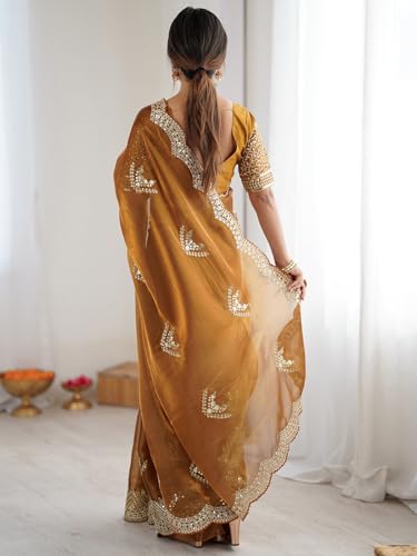 Image of Satrani Women's Tissue Silk Sequin Embroidery Scalloped Border Saree with Unstitched Blouse Piece