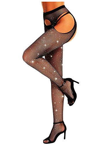 Image of Yokawe Womens Suspender Pantyhose Fishnet Stockings High Waist Tights Sparkly Rhinestone Thigh High Stocking (A)