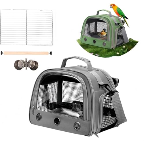 MLTUN MAKAN 鳥かご旅行バッグ インコや文鳥用 手持ち/ショルダーキャリア 止まり木と給餌器付き 散歩、避難、病院訪問、外出に最適 折りたたみ式 (グレー,B)
