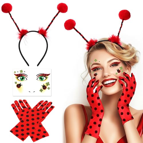 BOYATONG Marienkäfer Kostüm Damen, Faschingskostüme Damen Marienkäfer Haarreif mit Gesichtstattoo und Rote Handschuhe, Haarreif Karneval Kostüm...