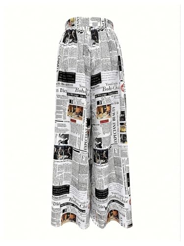 WDIRARA Women's Newspaper Print Wide Leg Pants Elastic Waist Loose Funky Letter Print Palazzo Pants2