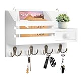 HOMEBROS Key Holder Wall Mount, White Wooden Mail Key Organizer with Drawer Key Mail Holder Adhesive Key Rack with Shelf 8 Key Hooks for Entryway Doorway Hallway 2 Installation Methods