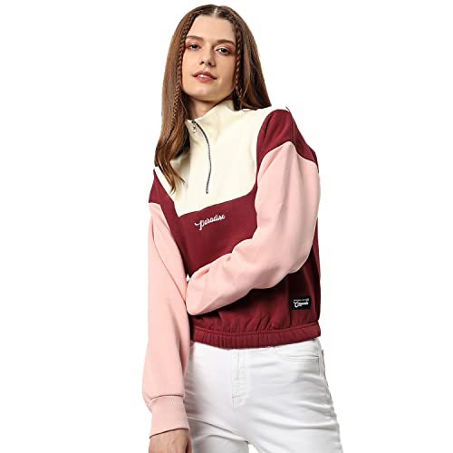 Image of PINACOLADA Women's Colorblock Sweatshirt with Ribbed Hem for Casual Wear | Low-High Neck | Long Sleeve | Button Closure | Cotton Sweatshirt Crafted with Comfort Fit for Everyday Wear