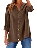 LOMON Cotton Blouses for Women Long Sleeve Button Down Shirts V Neck Linen Casual Loose Shirt Tops Coffee M