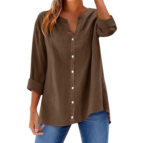 LOMON Womens Button Down Shirts Long Sleeve Cotton Button Up Shirt Linen V Neck Casual Loose Tops Blouses