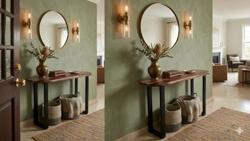 Image of Solid Sheesham Wood Console Table for Living Room | Entryway Hallway Sofa & Fish Tank Table | Rounded Edge Top with Modern Wooden Accent Design | Foyer Corridor Furniture | Light Walnut