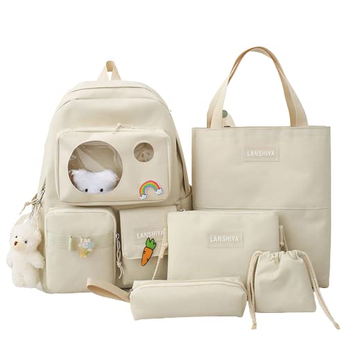 LaurelTree Kawaii Aesthetic Cute 5pcs School Bags Set with Accessories School Suppliers for Teens Girls Backpack Tote Bag (White)