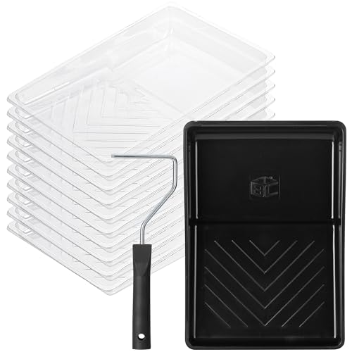 Bates- 6 Inch Paint Roller Tray Set, 12 pcs, 6 Inch Paint Tray Kit, 1x Black Plastic Paint Tray, 10x Transparent Liners & 1x 4 Roller Frame
