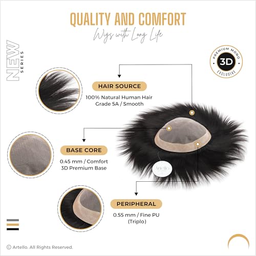 Image of Artello PREMIUM MONO Smart Hair Patch for Men, Smooth Hair Wig in 100% Natural Human Hair, Easy Fit with Tape, Glue or Clips, 3D Premium Base (Colour: Natural Black) (7x5)