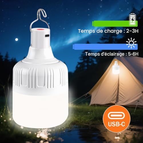 2 Pièces Lanterne Camping, Lampe Camping USB Rechargeable, Lumière de Camping Extérieure Portable, 3 Modes Luminosité, Lampe Tente Étanche pour Pêche Randonnée Patio Jardin Secours – vue 6