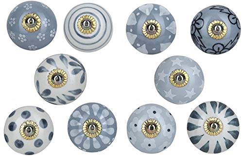 Image of Ceramic Vintage Assorted Blue Pottery Drawer, Door Knobs and Pulls Handle for Kitchen Cabinets Home Interior D�cor (10, Grey) - Pack of 10