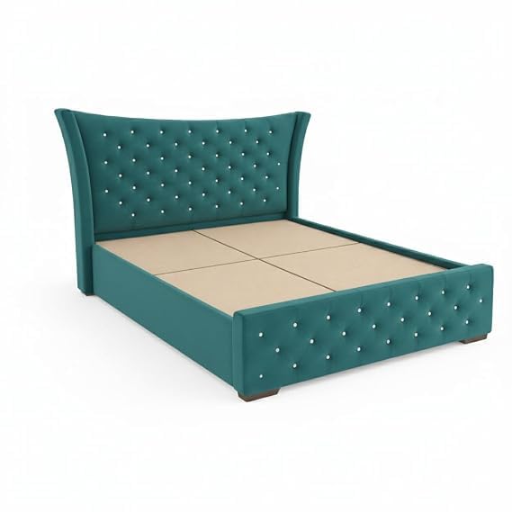 Image of Luxury Queen Size Upholstered Storage Bed with Diamond Tufted Padded Headboard | Premium Velvet Fabric Platform Bed Frame | Solid Wood Structure | Modern Bedroom Furniture | Light Blue